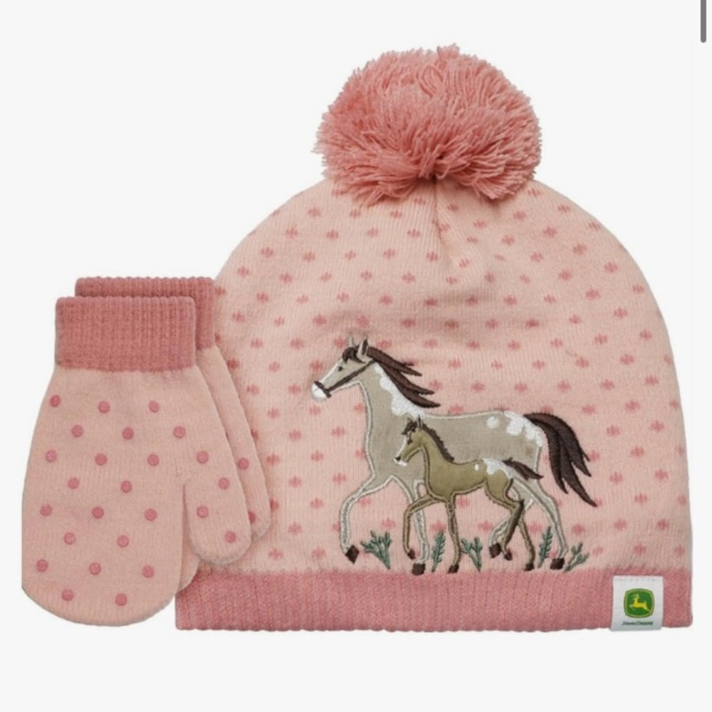 NWOT John Deere Toddler Beanie Toboggan Winter Hat w/ Pink Polka Dots an…